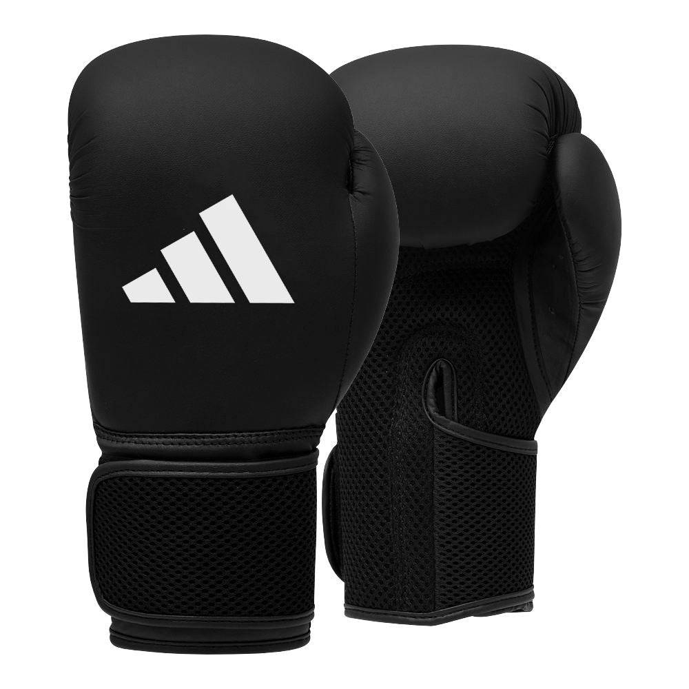 Pair of black ADIDAS Hybrid25 AEROREADY boxing gloves with white logo, designed for beginner combat sports training.
