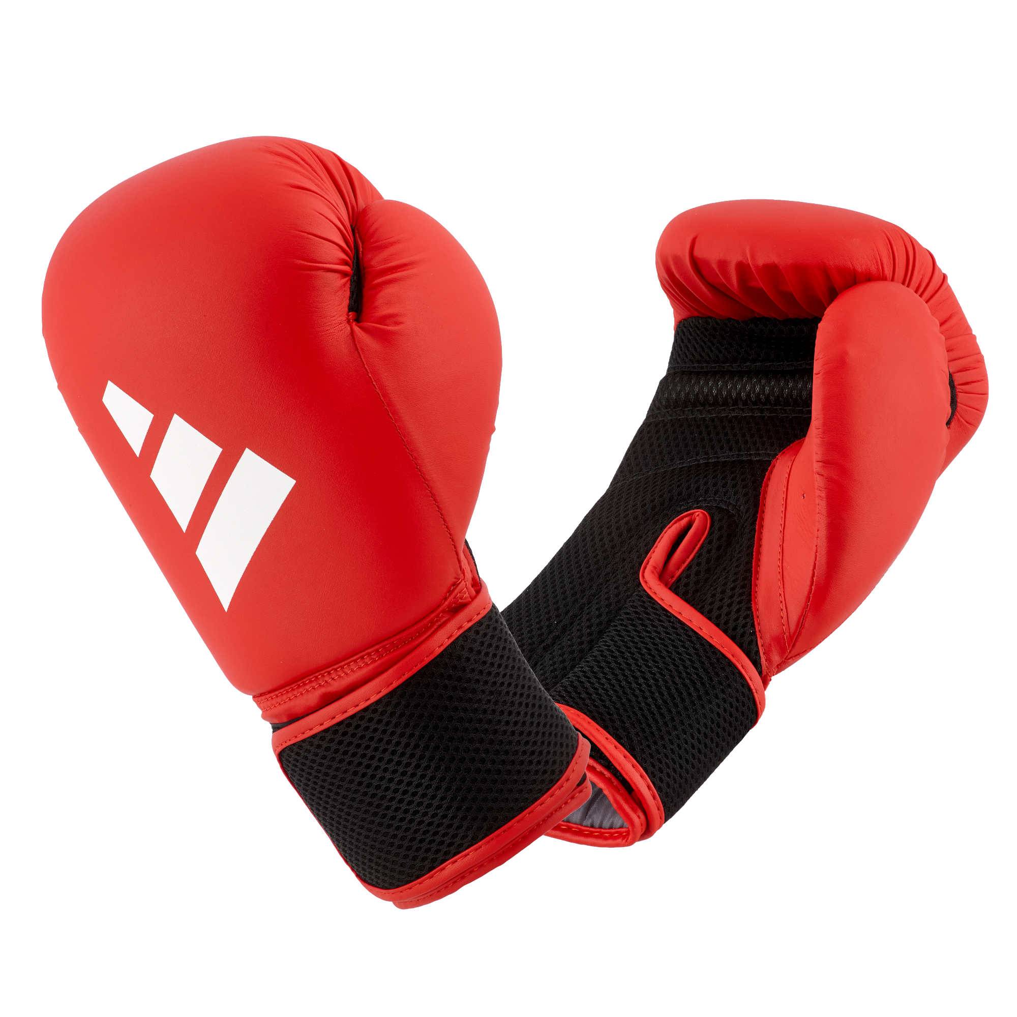 Red ADIDAS Hybrid25 AEROREADY boxing gloves with black mesh wrist wrap, designed for beginner kickboxing workouts.