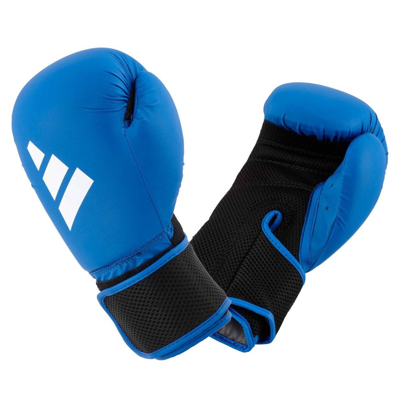 Blue ADIDAS Hybrid25 AEROREADY boxing gloves with black mesh wrist wrap, perfect for beginner martial arts training.