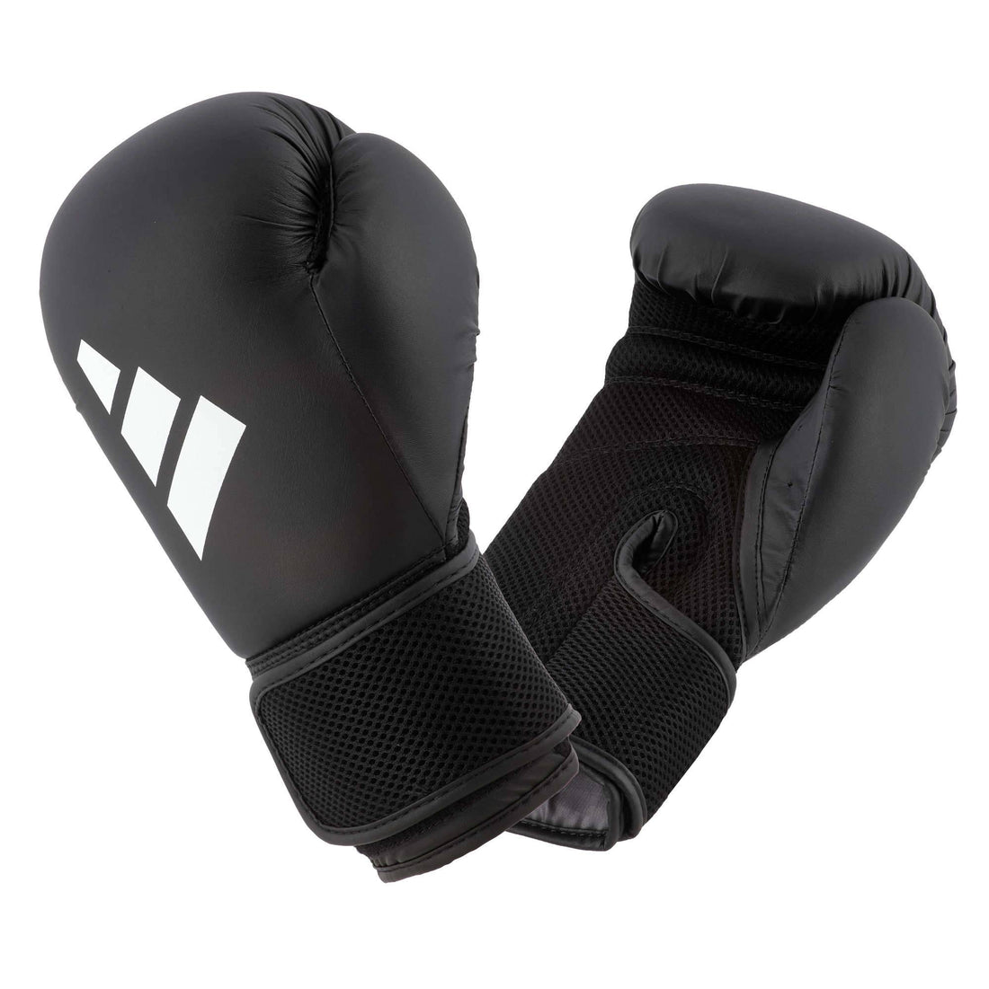 Black ADIDAS Hybrid25 AEROREADY boxing gloves with breathable mesh wrist support and synthetic leather shell for beginner training use.