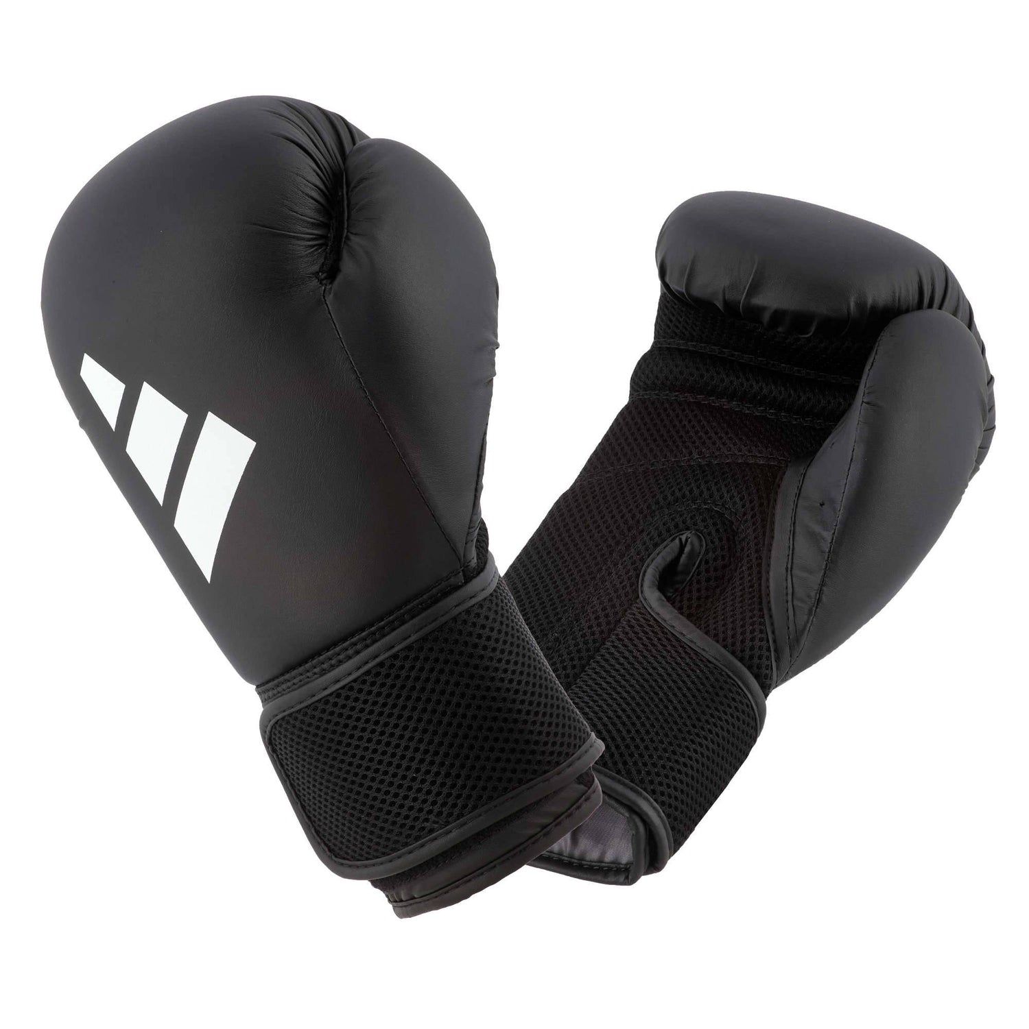 Black ADIDAS Hybrid25 AEROREADY boxing gloves with breathable mesh wrist support and synthetic leather shell for beginner training use.