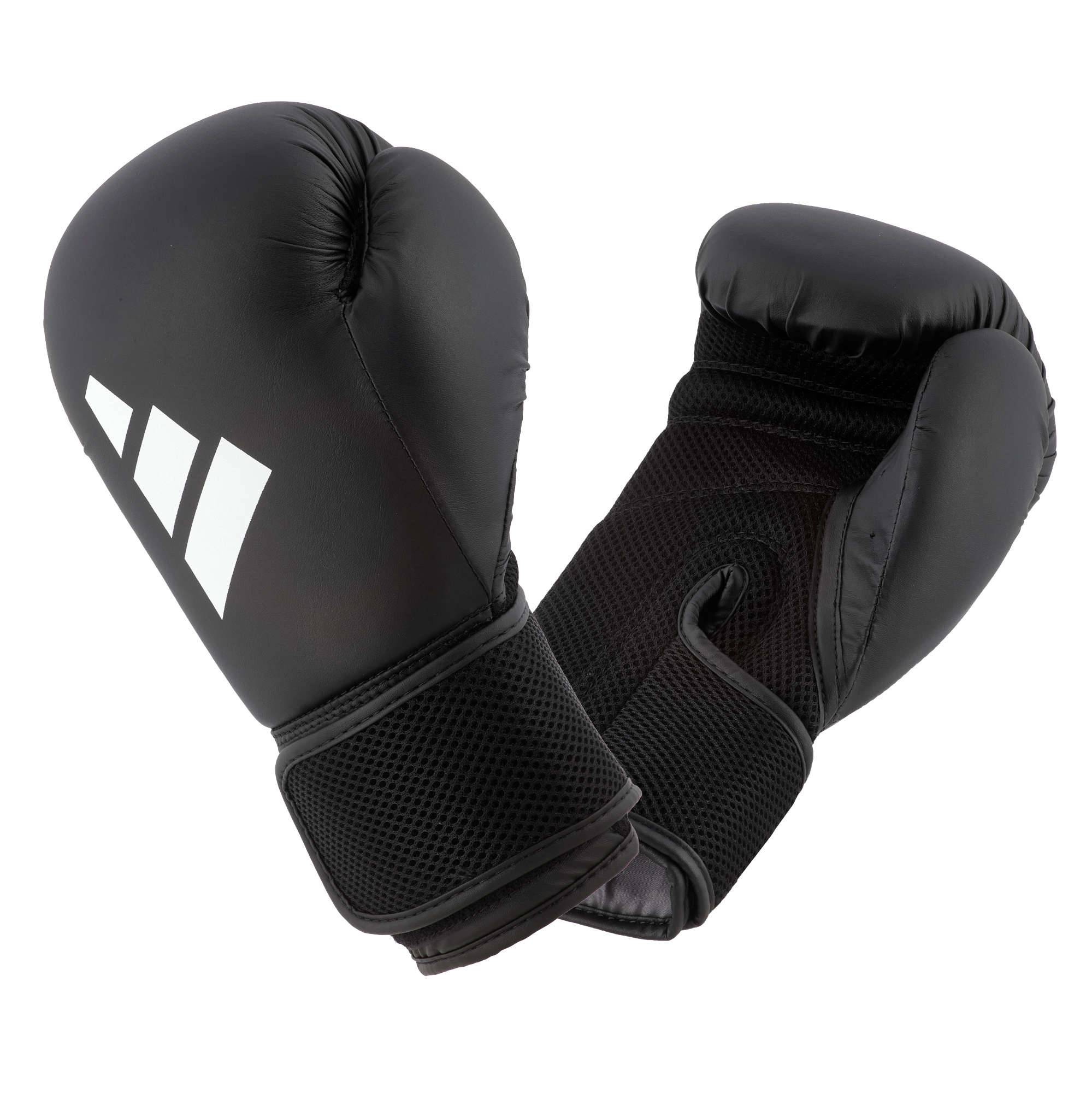 Black ADIDAS Hybrid25 AEROREADY boxing gloves with breathable mesh wrist support and synthetic leather shell for beginner training use.