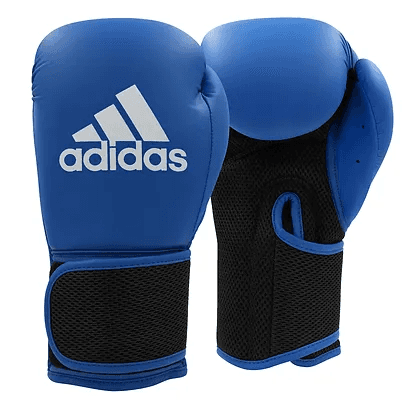 Blue ADIDAS Hybrid25 AEROREADY boxing gloves with full logo branding, ideal for beginner boxing and MMA training.