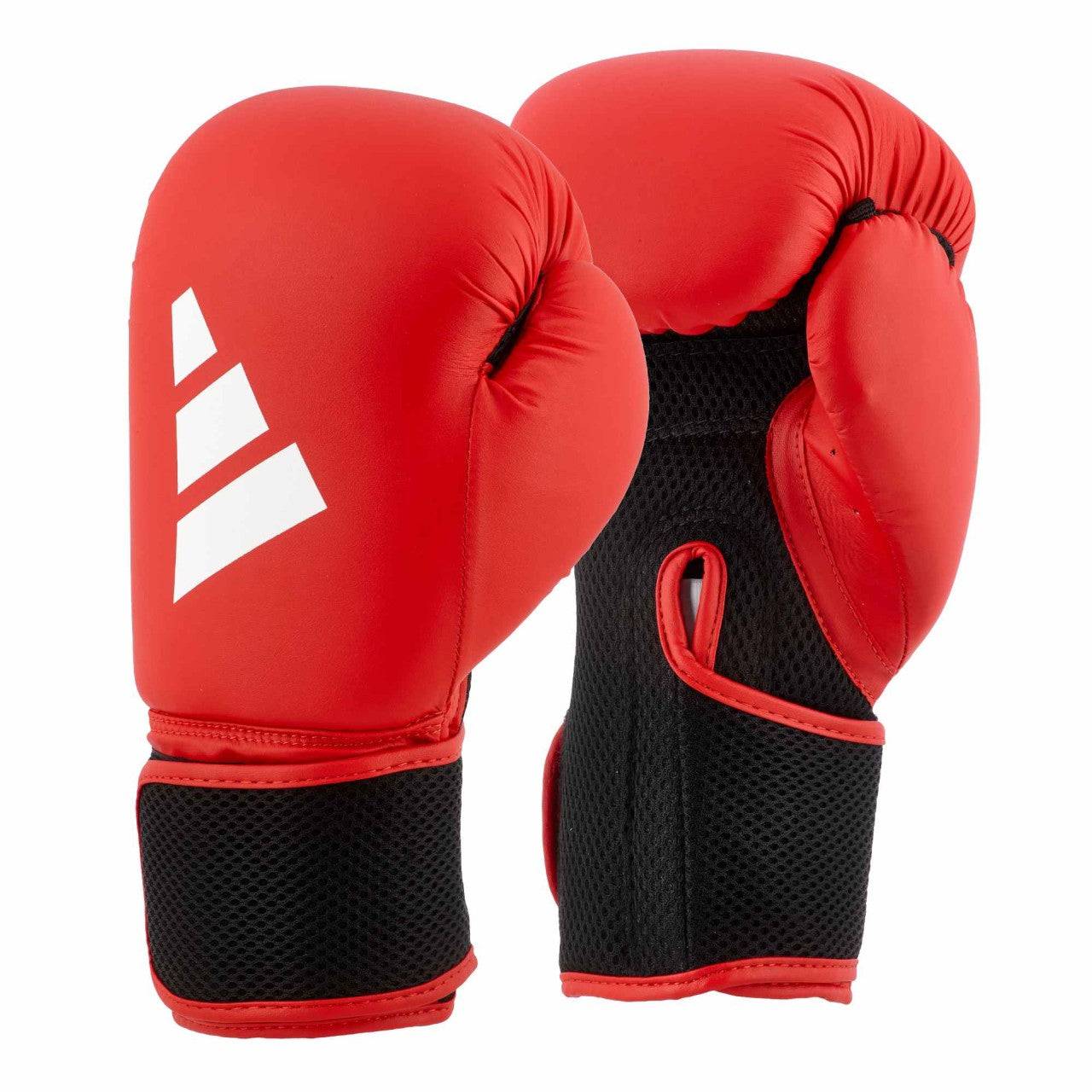 Red ADIDAS Hybrid25 AEROREADY boxing gloves with black mesh wrist wrap, ideal for kickboxing and bag workouts.