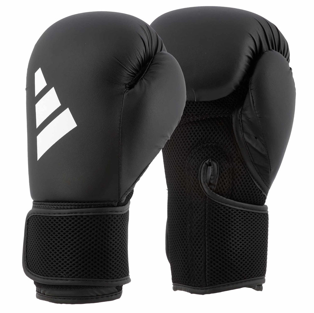 Front and back view of black ADIDAS Hybrid25 AEROREADY boxing gloves, ideal for MMA, Muay Thai, and punching bag workouts.