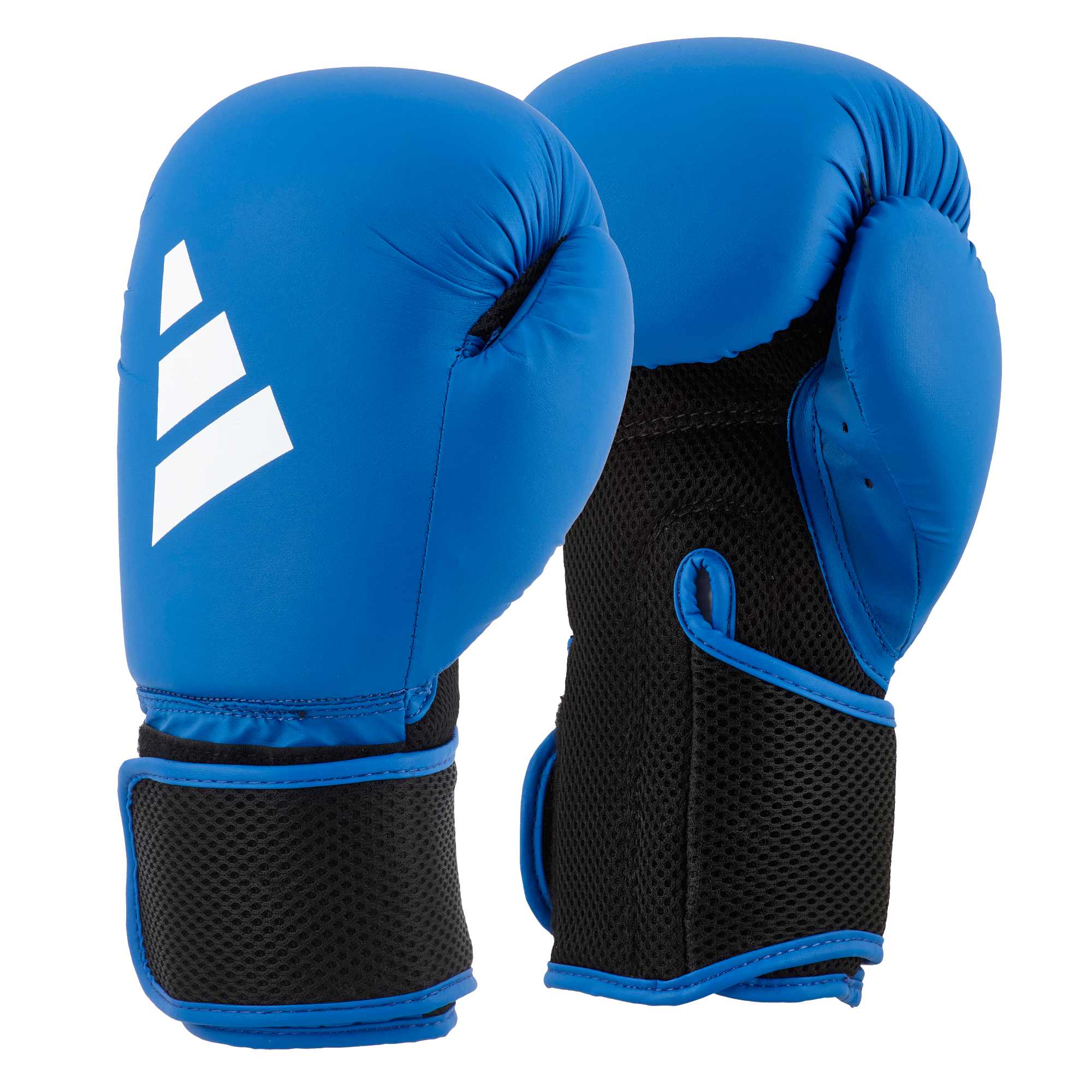 Front and back view of blue ADIDAS Hybrid25 gloves with white logo and breathable mesh wrist support.
