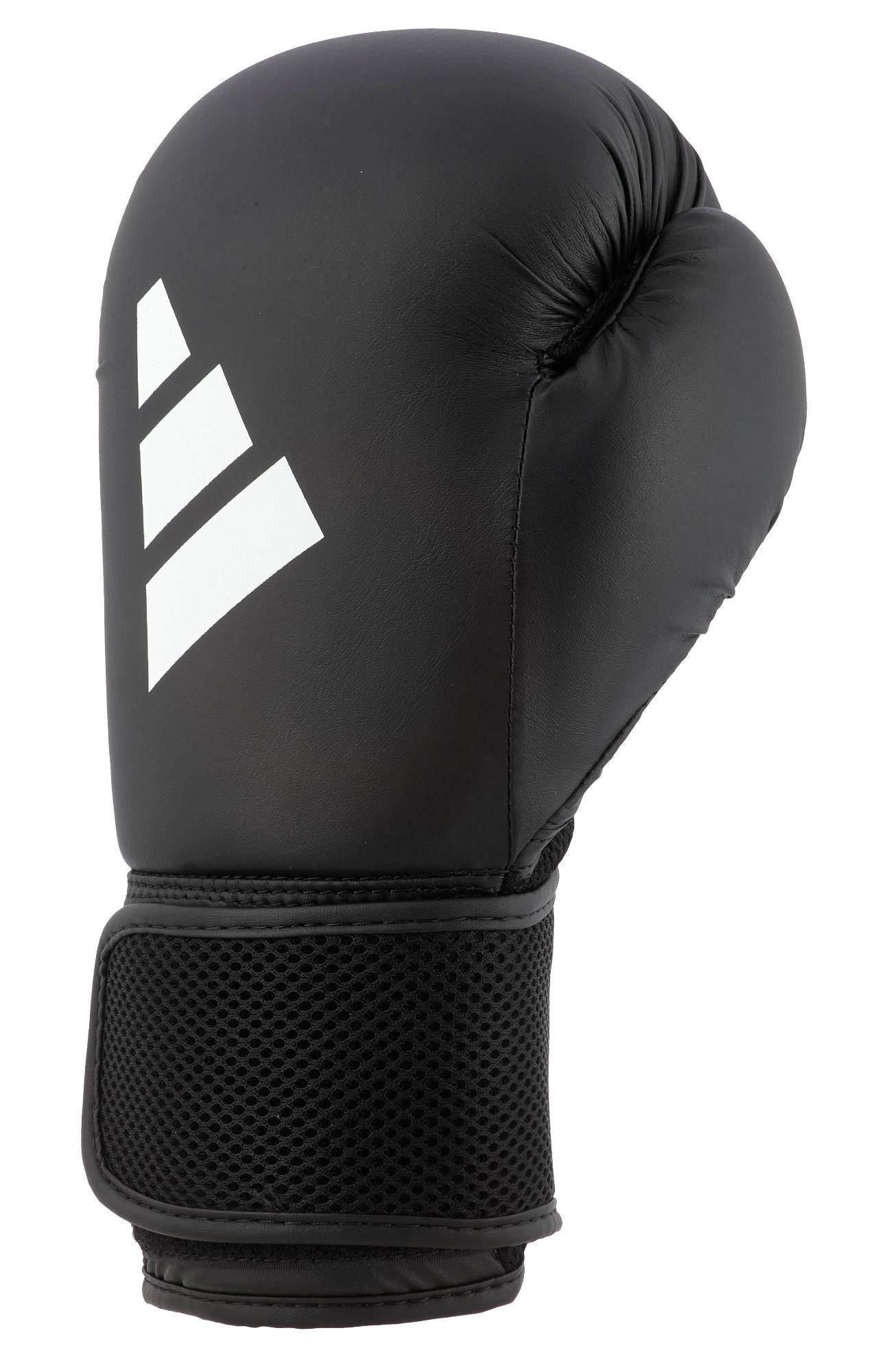 Single black ADIDAS Hybrid25 boxing glove showing durable synthetic leather and moisture-wicking mesh wrist wrap.