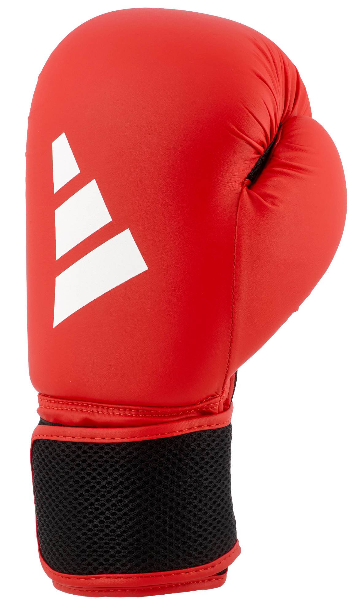 Side view of red ADIDAS Hybrid25 glove with white logo and black mesh wrist support for breathable comfort.