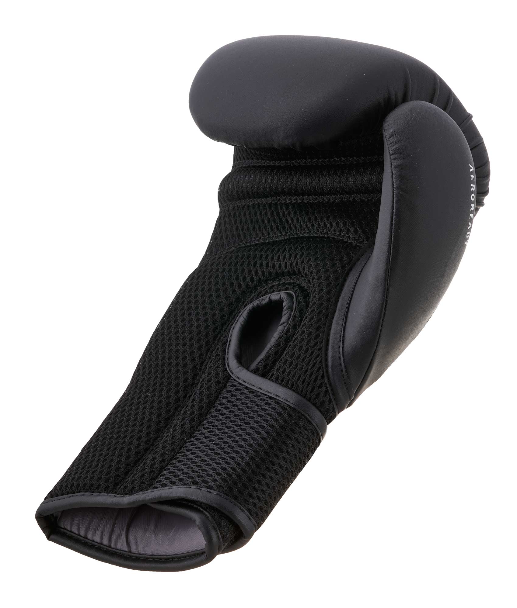 Palm view of black ADIDAS Hybrid25 AEROREADY glove highlighting breathable mesh and ergonomic grip bar for comfort.