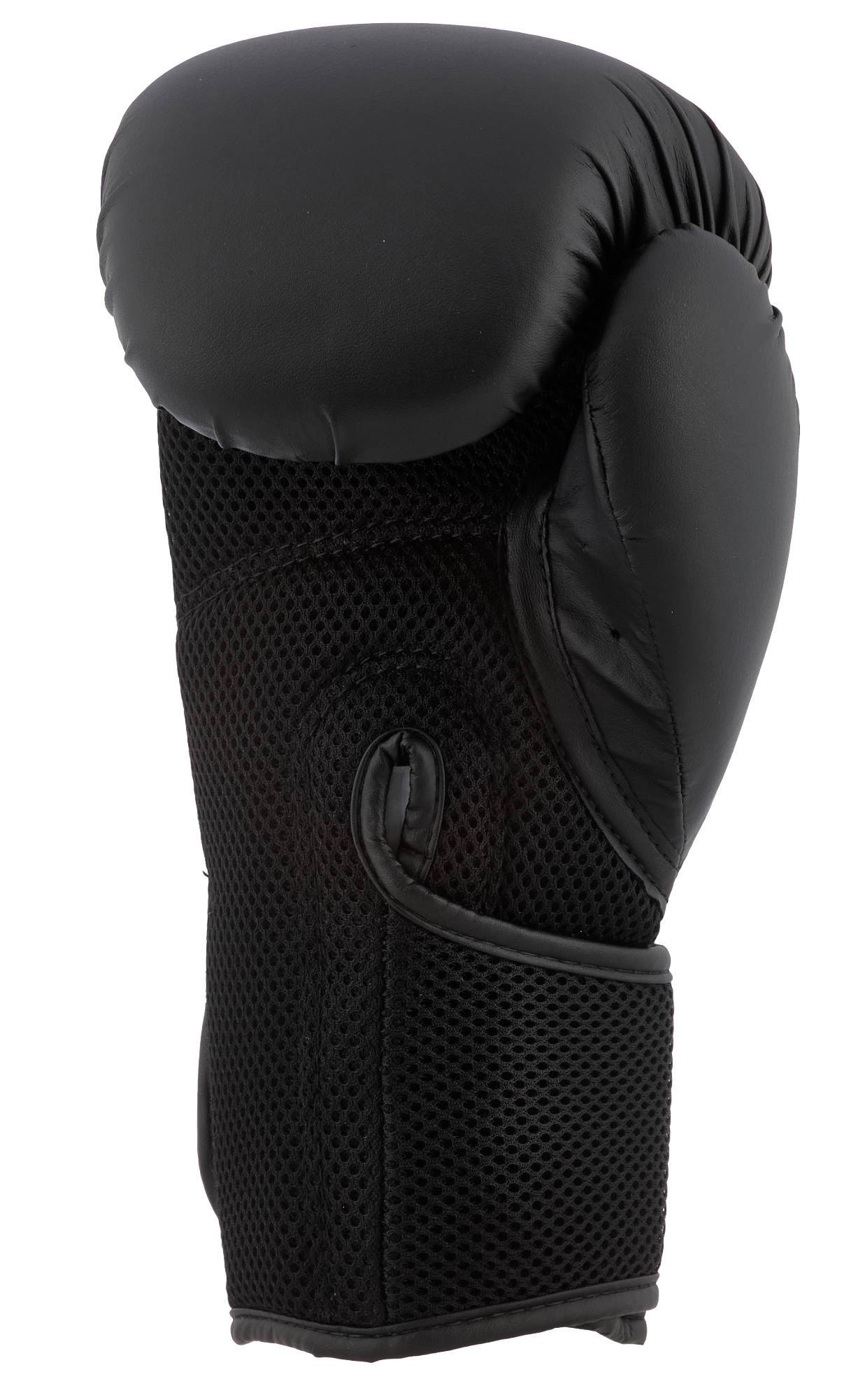 Side view of black ADIDAS Hybrid25 boxing glove with mesh panel and hook-and-loop wrist strap for secure fit.