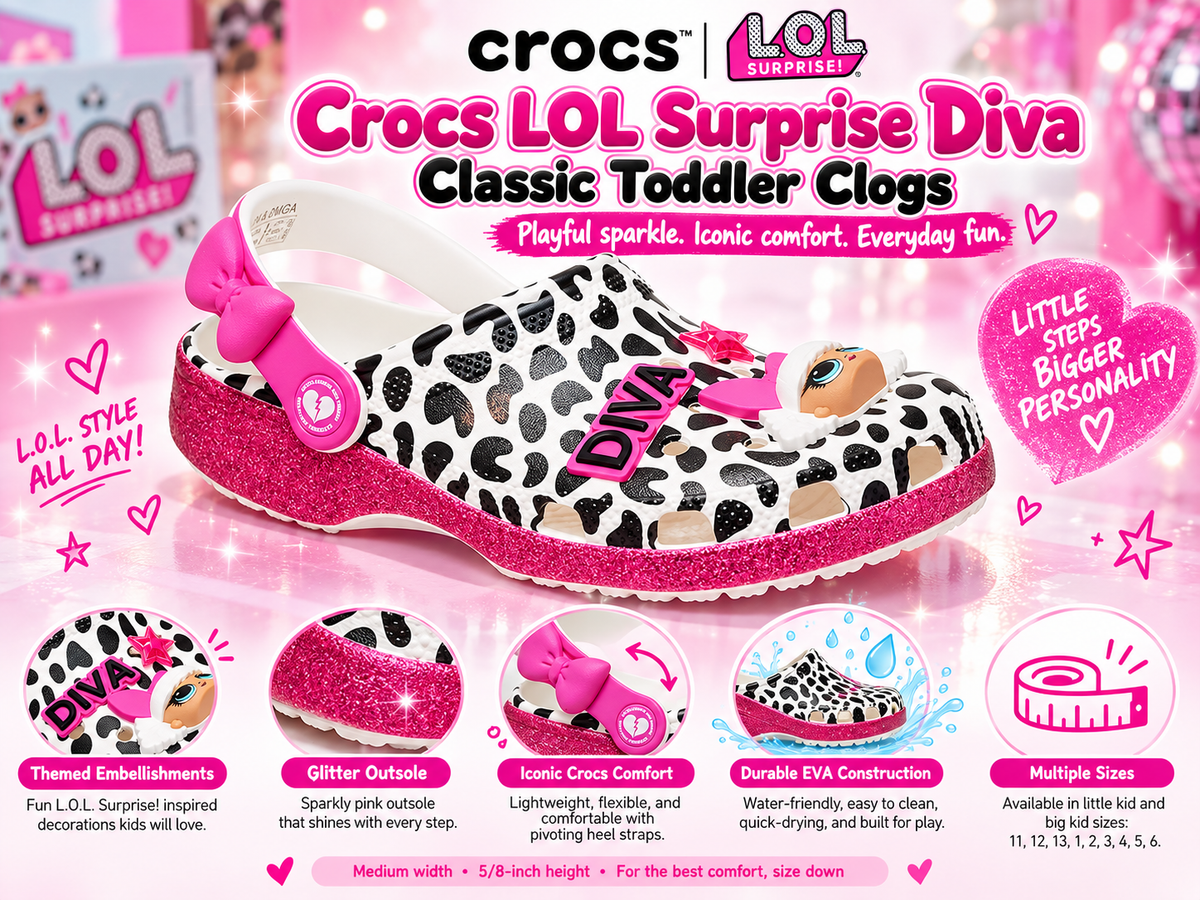 Crocs LOL Surprise Diva Classic Big Kid Clogs. Black/White,