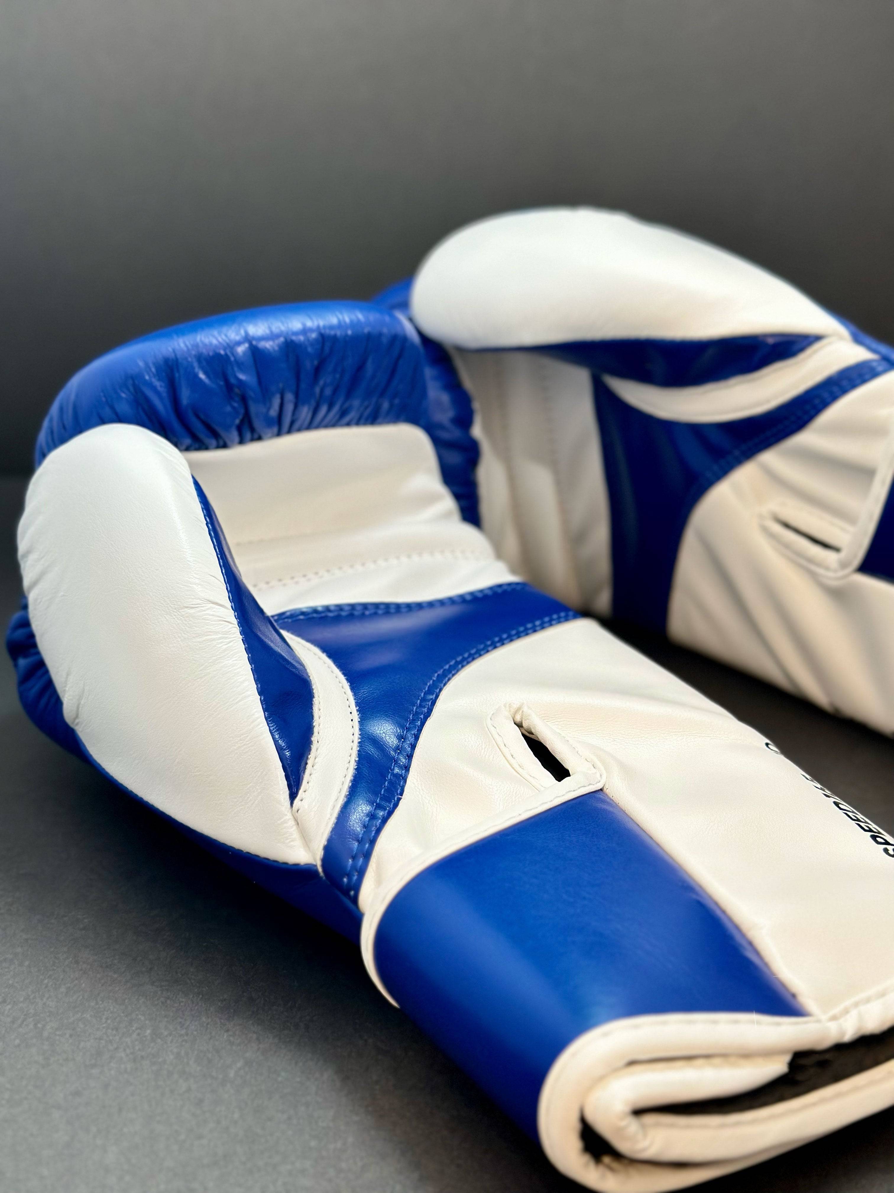 Adidas WAKO Approved Kickboxing Fight Gloves, Cowhide Cuir Leather Speed 165 adiSBG165 Competition Gloves 10 Oz Blue Palm Hand