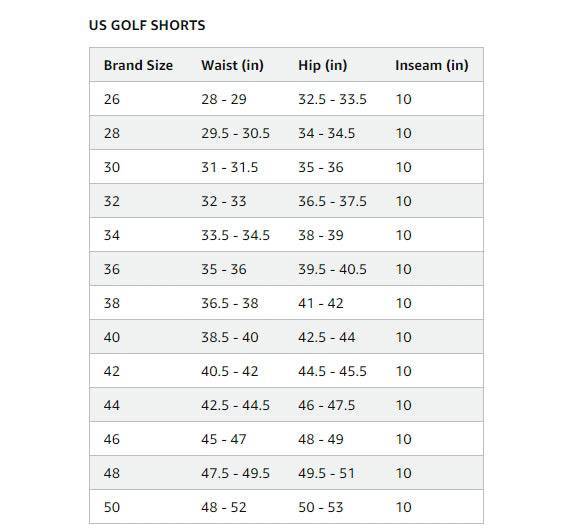 Size chart for US golf shorts showing waist, hip, and inseam measurements to help choose the right fit for ADIDAS Kickboxing Shorts.