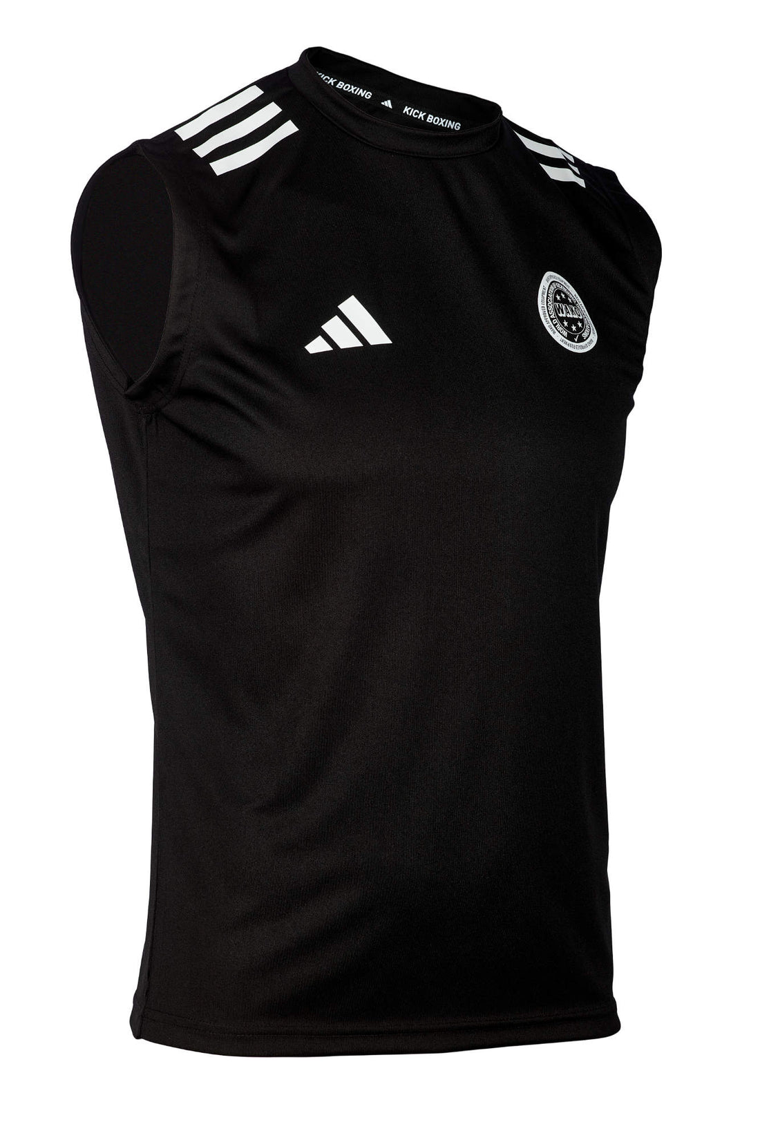 Adidas Kick Light adiWAKOST1 black sleeveless shirt designed for kickboxing, showcasing breathable, lightweight fabric on a plain background