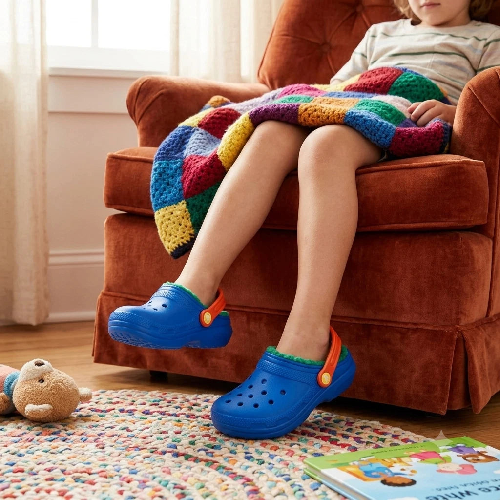 Crocs Classic Lined Clog Kids’ Clogs, Blue Bolt/Multi, US Size 5 Medium
